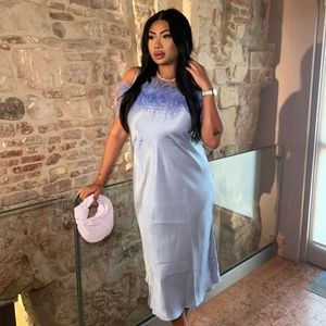 Boheme Feather Trimmed Ecovero Blue Satin Dress